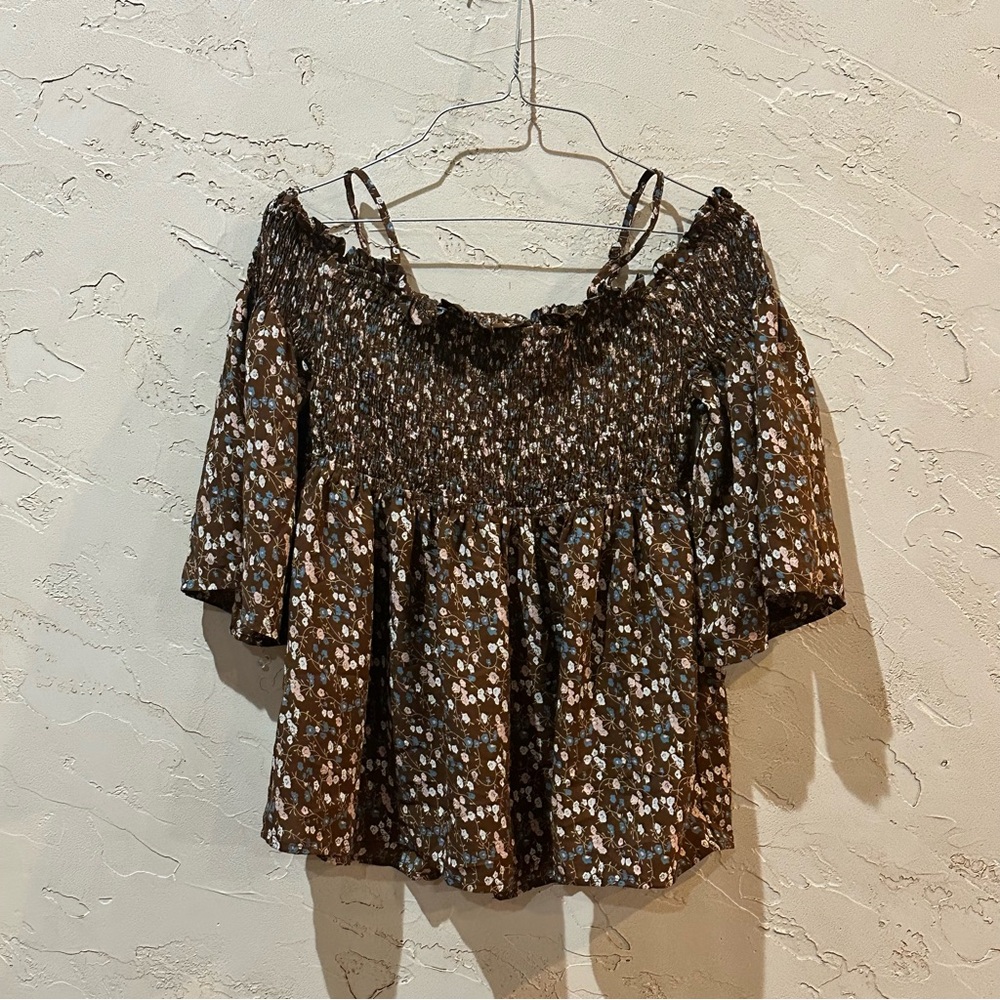 Papermoon Women’s Boho Brown Floral Off-Shoulder Top with Smocking size Large